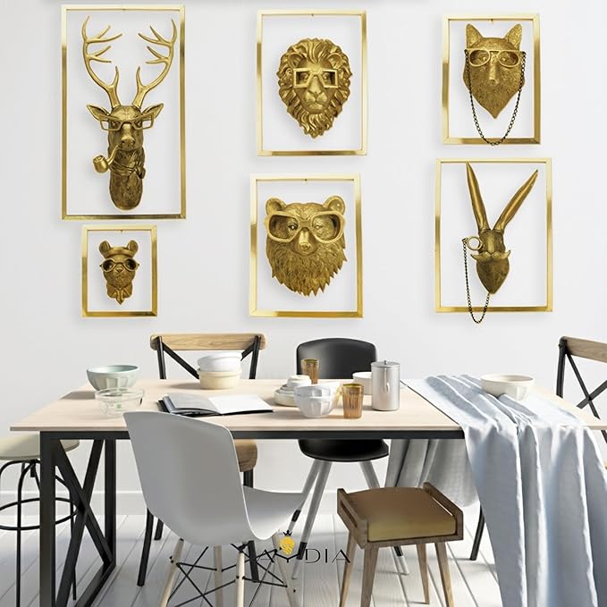 6 Packs Animal Heads Wall Decor with Wooden Frames (Squirell Gift), Large Animal Head, 3D Sculpture, Gift Ready, Easy to Install, Vintage Gold Wall Decor for Living Room, Bedroom, Office or Kitchen