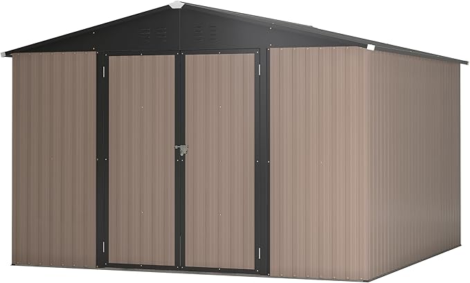 10x10 FT Outdoor Storage Shed, Large Metal Garden Shed with Lockable Hinged Doors, Outside Tool Shed with Sloped Roof & 4 Air Vents, Waterproof Storage Building for Backyard, Patio, Lawn, Brown
