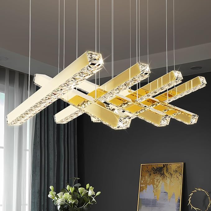 Modern LED Crystal Chandelier Gold Linear Crystal Chandeliers for Dining Room 7lights for Dining, Living Room, Kitchen Island, Bedroom