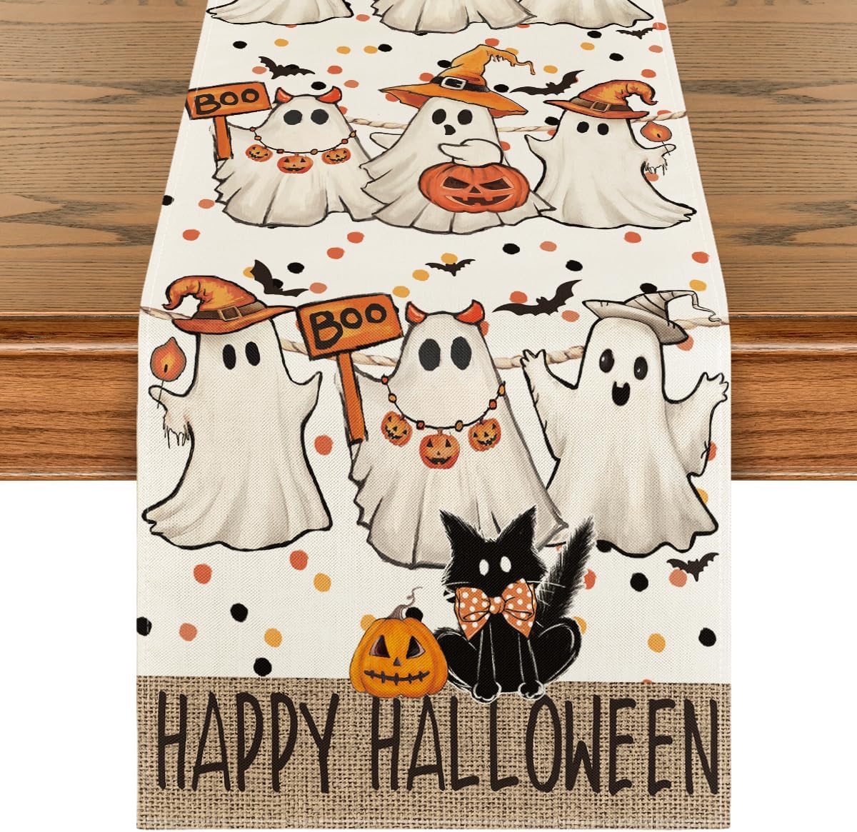 Artoid Mode Beige Ghost Jack-O'-Lantern Black Cat Halloween Table Runner,Holiday Kitchen Dining Table Decoration for Home Party Decor 13 x 72 Inch