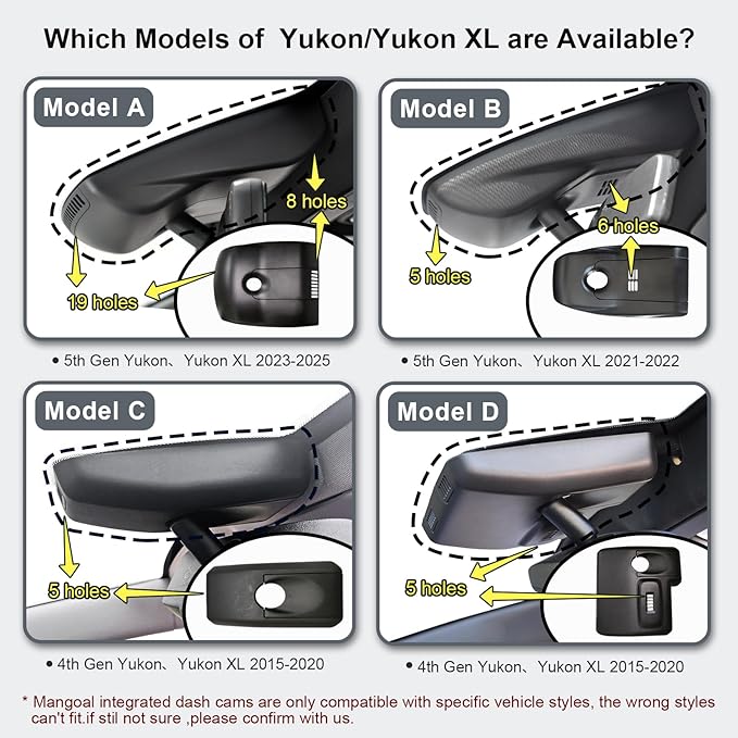 4K Dash Cam Custom fit for GMC Yukon, Yukon XL 2021-2022 (Model B), SLE SLT AT4 Denali, Integrated OEM Look, UHD 2160P Video, WiFi & App, G-Sensor, Loop Recording, Easy to Install, 64GB Card