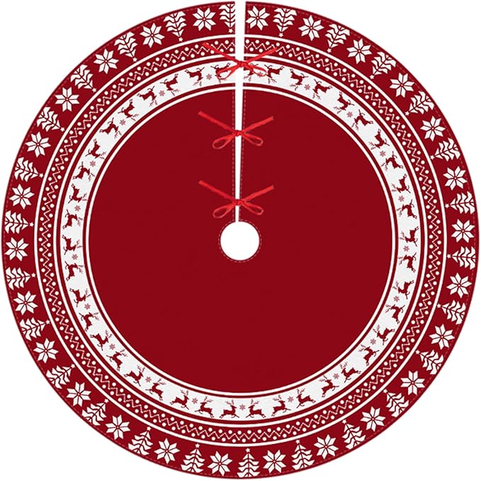 Christmas Tree Skirt 48 Inches | Red Xmas Tree Skirt with Rustic Snowflake & Reindeer Pattern, Fits 5 to 7 Foot Trees, Perfect Christmas Decorations for Holiday Trees.