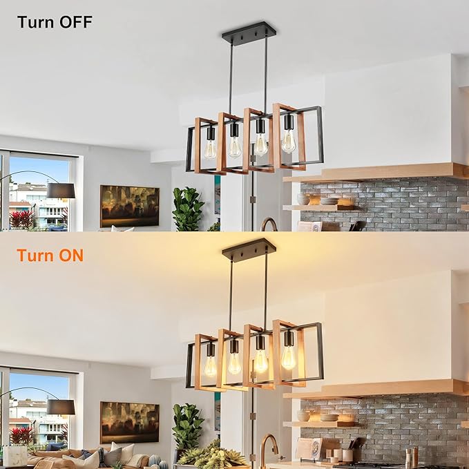4-Light Island Lights for Kitchen, Rectangular Wood and Black Metal Kitchen Island Chandelier 31.5" Adjustable Rustic Modern Dining Room Light Fixtures Over Table, Chandeliers for Dining Room