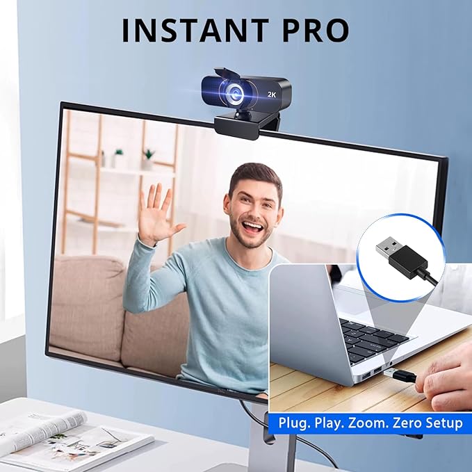 2K Webcam for Computer/Laptop/Desktop/PC, Camera with Microphone, USB Plug&Play, Auto Low Light Correction, Privacy Cover, Tripod, Wide Angle for Meeting/Online Video/Zoom