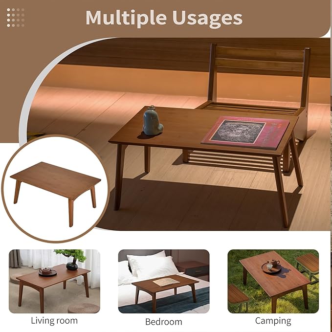 Wooden Folding Coffee Table No Assembly Low Collapsible Japanese Floor Table Small Spaces Tatami FoldableTable for Living Room Home Office (Walnut,Compact)