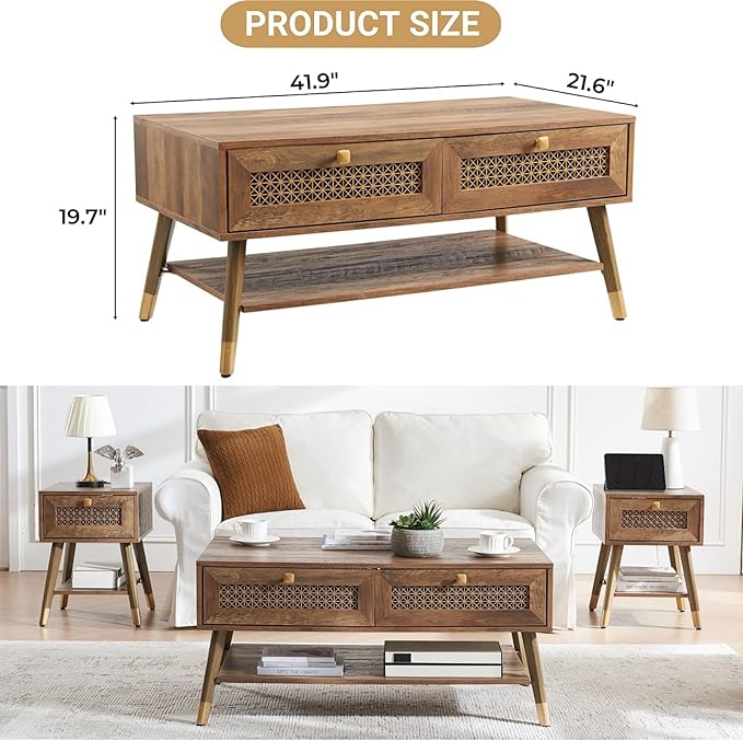 Mid Century Modern Coffee Table with Storage Drawers & Open Shelf, Solid Wooden Boho Rectangle Table with Metal Legs Designed for Living Room, Office, Lounge. Rustic Oak Color with Golden Decor
