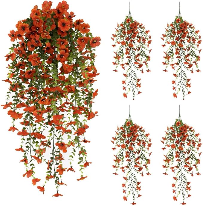 EROCK Artificial Flowers for Outdoors, 4PCS Fake Silk Hanging Flowers for Decoration UV & Fading Resistant, Realistic Faux Plants & Flowers for Porch Patio Balcony Window Box Home Decor (Orange)