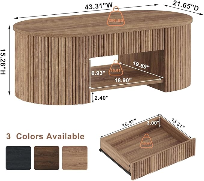FATORRI Coffee Table for Living Room Storage, Modern Wood Center Table with Drawer, Farmhouse Oval Fluted Living Room Tables with Shelf (Walnut, 43.31 Inch)