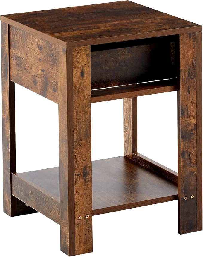 Rattan Nightstand - Wooden Boho End Table with Storage Drawer and Opening Shelf, Bedside Tables Bed Side Table Accent Table for Living Room, Bedroom Small Space