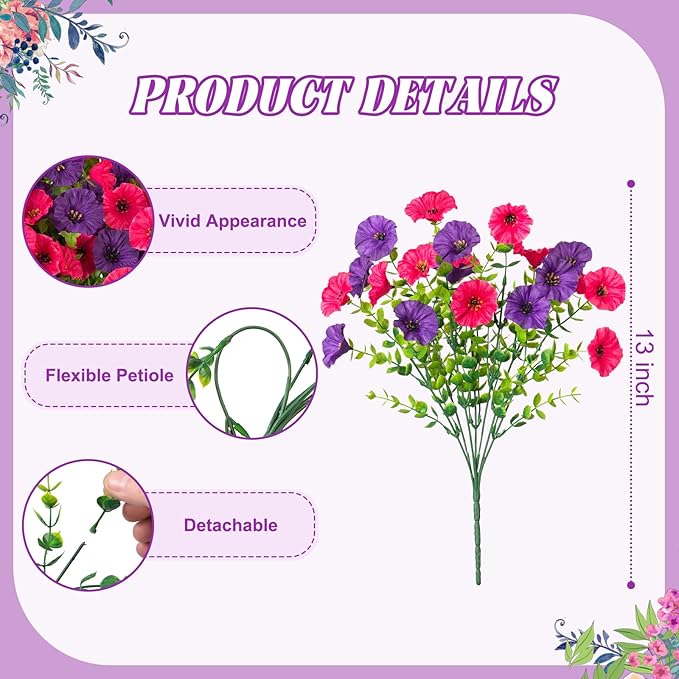 Artificial Flowers for Outdoors Decoration, 10 Bundles Fake Plastic Flower Plant, Faux Colorful Silk Morning Glory Petunias for Spring Summer Outside Garden Porch Front Door Decor, Rose Purple