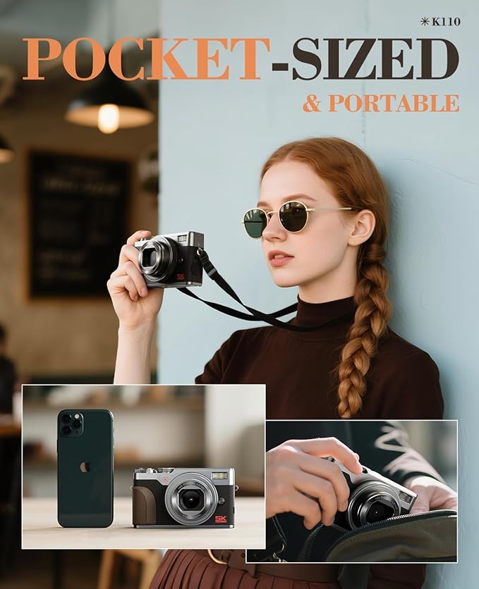 True 5K Digital Cameras for Photography 64MP - Autofocus 18X Zoom, with 3'' 180° Flip Screen, 64GB TF Card & 2 Batteries, Compact Travel Vlogging Camera for YouTube Beginners (Silver)