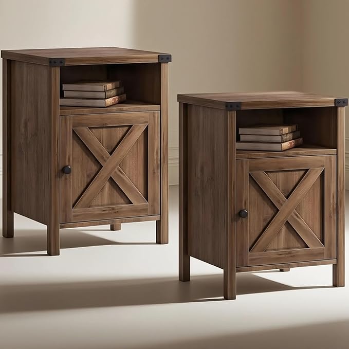 Catrimown Farmhouse, End Table, Nightstand, Side Table, Set of 2 End Table with Barn Door and Shelf, Rustic Oak Nightstand Set of 2, Bed Side Table End Tables for Living Room, Bedroom Room, Oak