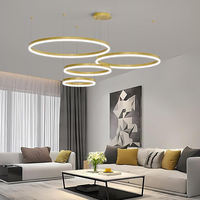 Modern LED Chandelier Light, 4 Ring Gold Pendant Lighting Fixture, Adjustable Hanging Ceiling Lamp for Dining Room, Kitchen Island, Entryway, Living Room, Dimmable Dining Light Over Table