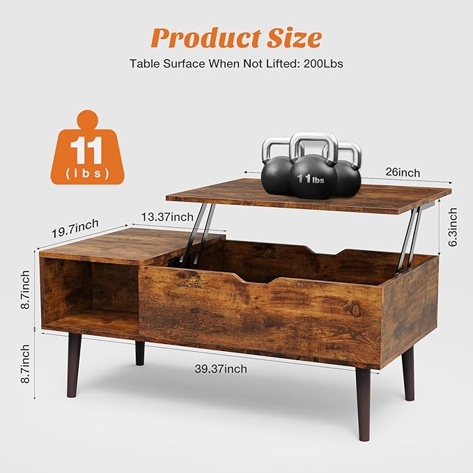 Sweetcrispy Lift Top Coffee Tables for Living Room, Small Rising Wooden Center Tables with Storage Shelf and Hidden Compartment, Brown