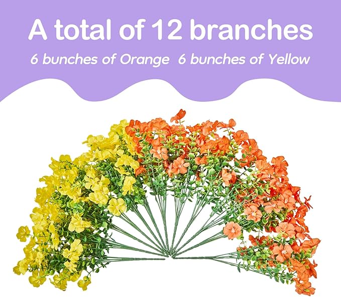Artificial Flowers Outdoor Indoor Garden Family Porch or Patio Decoration,Faux Flowers,Small Flowers Outdoor Artificial Flowers a Bunch of 12 Orange and Yellow