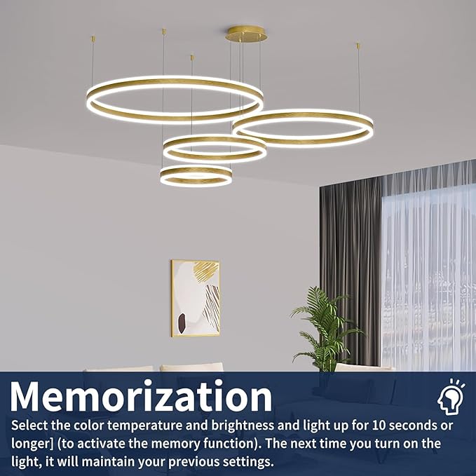 Modern LED Chandelier Light, 4 Ring Gold Pendant Lighting Fixture, Adjustable Hanging Ceiling Lamp for Dining Room, Kitchen Island, Entryway, Living Room, Dimmable Dining Light Over Table