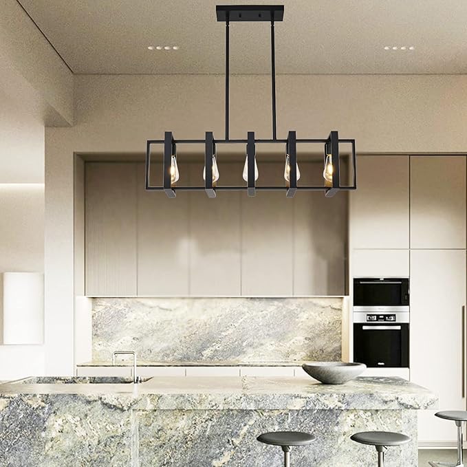 34.5 INCH Kitchen Island Chandeliers for Dining Rooms, Pendant Lighting Hanging Light Fixture Matte Black 5-Light Farmhouse Pendant Lightsfor Kitchen Island