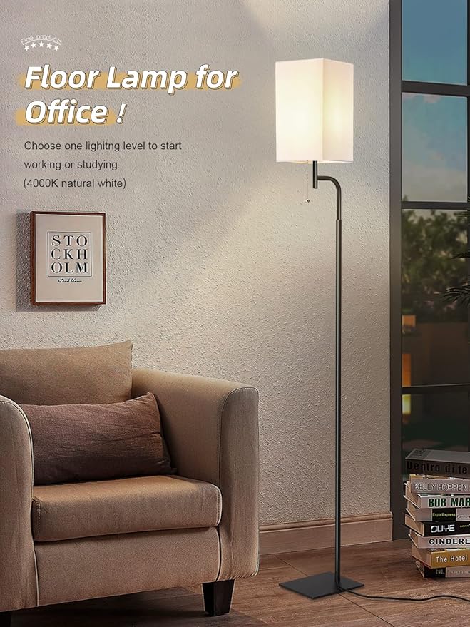 Modern Floor Lamps with 3 Color Temperatures, Minimalist Pole Lamp with Square Linen Shade & Flat Base for Living Room, Bedroom, Office or Kids Room