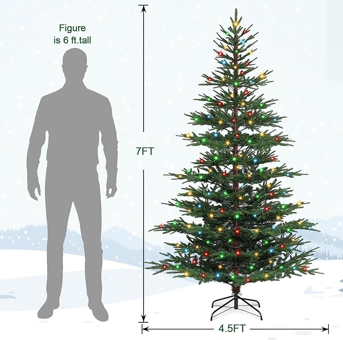 7 FT Pre-Lit Artificial Christmas Tree with 300 Dual-Color LEDs & Timer, 678 Realistic Branch Tips, Metal Stand for Holiday Home Christmas Decorations