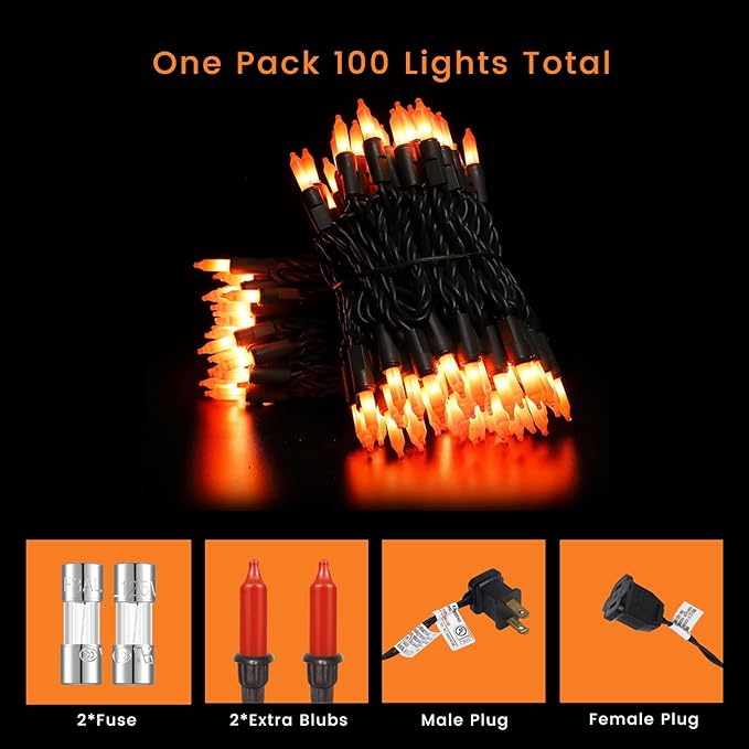 Orange Christmas Lights Mini String Lights– 100 Count Incandescent, 26.5ft Black Wire, UL Listed Connectable Pumpkin Lights for Porch, Patio, Fall Decor