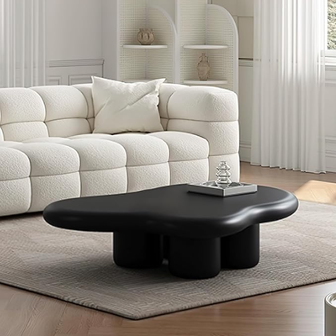 48 Inch Cloud Coffee Table, Modern Black Coffee Table for Living Room, Large Wood Coffee Side Table with Irregular Tabletop and 4 Sturdy Legs for Home Office Bedroom