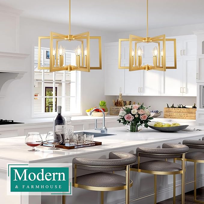 6-Light Gold Chandelier, Farmhouse Dining Room Light Fixture, 21.3in Modern Chandelier, Geometric Industrial Metal Hang Lighting Fixture for Foyer Entryway Kitchen Over Table Hallway Living Room