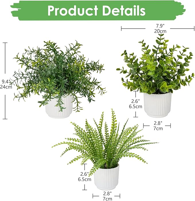 Hollyone 3 Pack Fake Plants Artificial Plants in Pots Small Faux Plant Eucalyptus Rosemary Boston Fern Potted Plant Greenery Aesthetic Indoor Home Decor Bathroom Bedroom Table Shelf Office Decorations