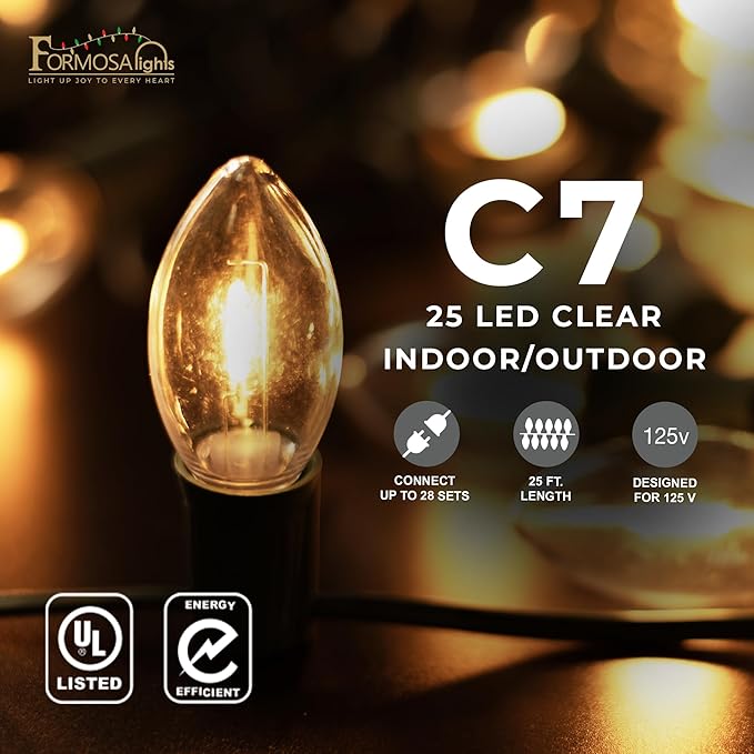 C7 26ft Indoor/Outdoor Clear LED Christmas String Lights with 25 Bulbs and E12 Base | 120V, 0.6W
