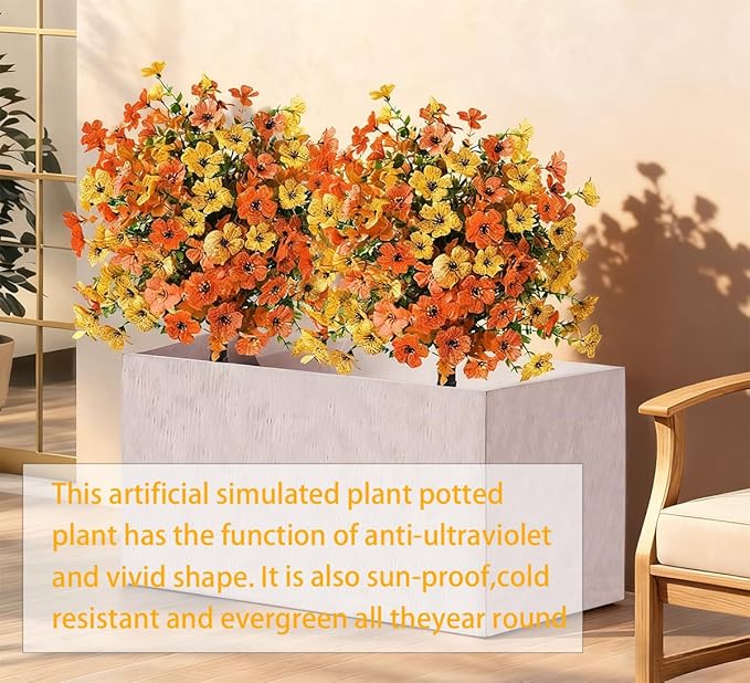 Christmas Decorative Plants Artificial Topiary Trees with Spike, 2pcs UV Resistant Artificial Bushes with Flowers, Artificial Fake Plants Shrubs for Doorway Porch Garden Decorate (Orange-yellow)
