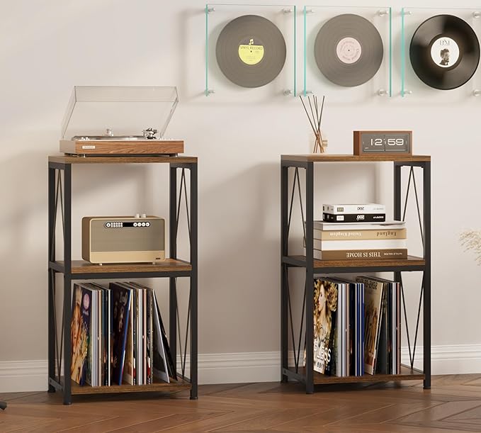 Y&M Record Player Stand with Vinyl Storage, 3-Tier Shelf Display Table for Album CD, Turntable Holder, End Table for Bedroom, Living Room, Office, Rustic Brown