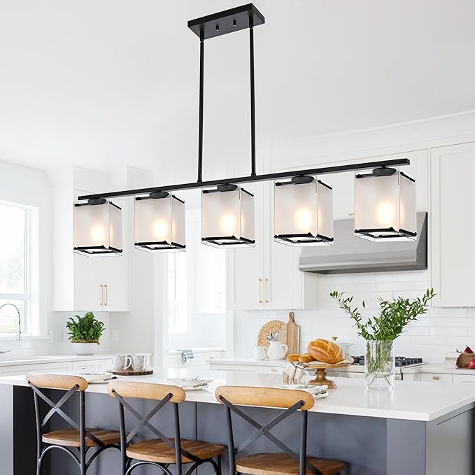 5-Light Blcak Chandeliers for Dining Room, Modern Kitchen Island Lighting with Frosted Glass Shade Linear Pendant Lighting for Dining Table Kitchen Island, Adjustable Height