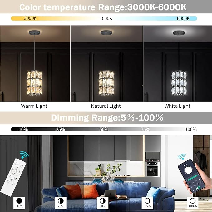 1-Lights Modern Crystal Pendant Lights for Kitchen Island LED Dimmable Glam Pendant Lighting Chandelier for Dining Room Hallway Corner Lamp Black