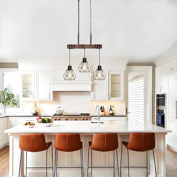 3-Light Kitchen Island Pendant Lighting Over Island - Adjustable Height Linear Chandelier for Dining Room with Diamond Shades, Farmhouse Black Metal & Rustic Wood Ceiling Light Fixture, E26 Base