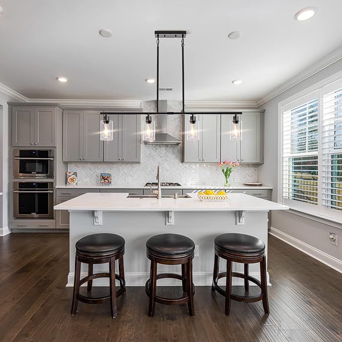 Kitchen Island Lighting, 4 Lights Linear Chandeliers Pendant Light Fixtures for Dining Room Farmhouse Hanging Light with Glass Shades(Black)