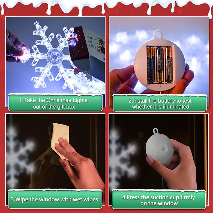 3Pack Christmas Window Lights Decorations with Timer, Battery Powered Christmas Hanging White Lighted Snowflake Shaped LED Sucker for Xmas Lamp Tree Fireplace Indoor Decor
