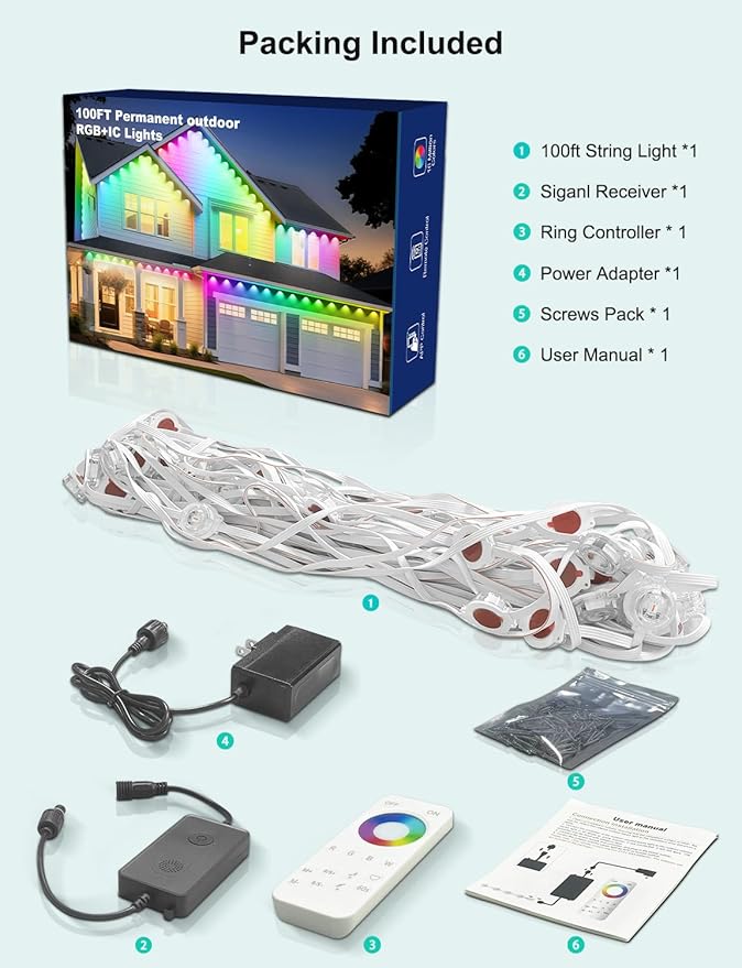 100ft RGB+ IC Permanent Outdoor Lights, Eaves Lights with 50 LED Lights, IP68 Waterproof, Music Sync with Remote Control for Garden Party Decor, Deck, Christmas with Cool White