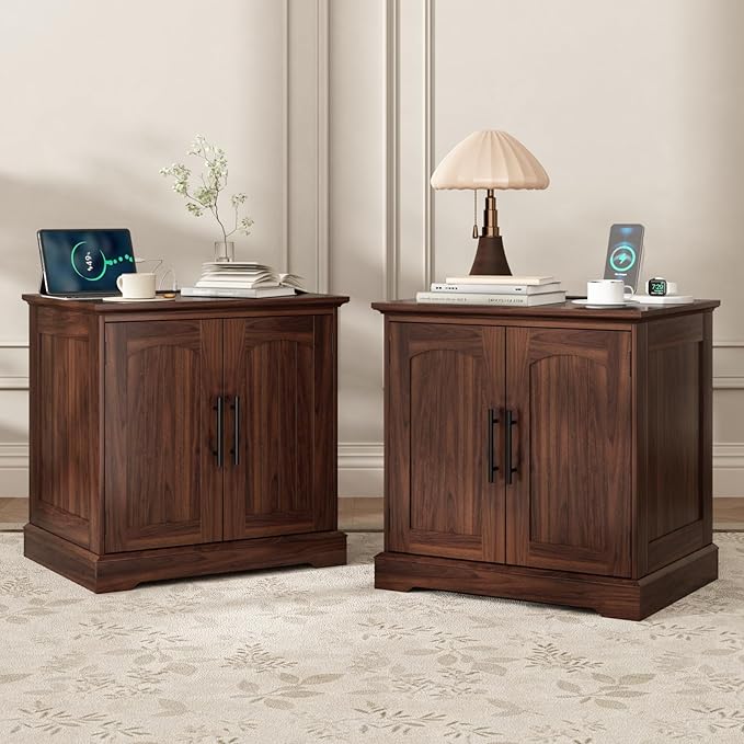 Rustic End Table with Charging Station, 24" Large Sofa Side Table with 2 Arched Doors, Farmhouse Wood Square Nightstand Bedside Tables with Adjustable Storage Shelf for Living Room, Bedroom