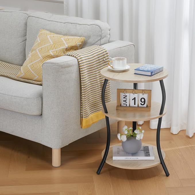 Round Side Table, 3-Tier End Table with Storage Shelf for Narrow and Small Spaces, Round Sofa Table Vintage Corner Tables for Living Room,Bedroom Nightstand/Oak