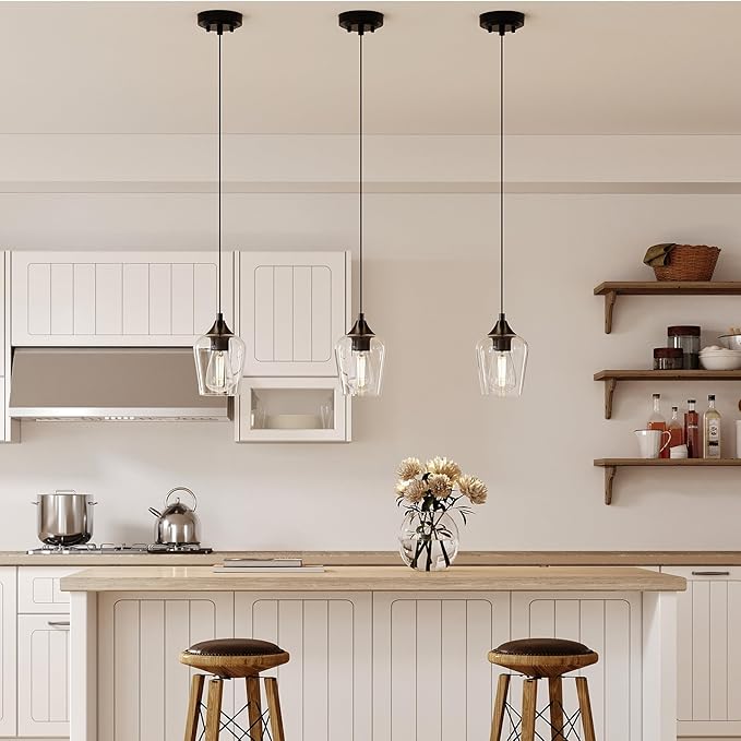 VONLUCE Pendant Lights Kitchen Island, Matte Black Pendant Light Fixtures with E26 Base & Adjustable Cable, Modern Pendant Lighting with Glass Shade for Living Room Bedroom Hallway, 3 Packs