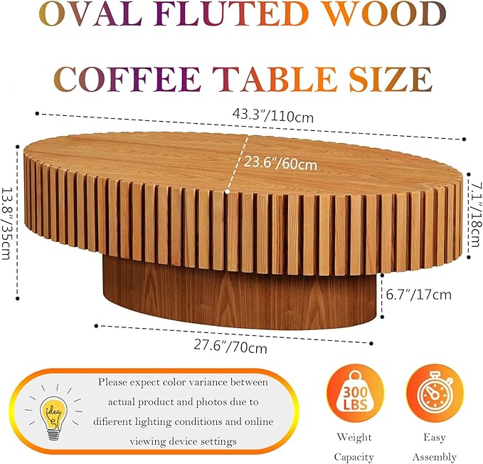 43.3in Fluted Side Tables Living Room Modern Chic Drum Coffee Table - Spacious Tabletop, for Small Space - Living Room Apartment Study,Wood