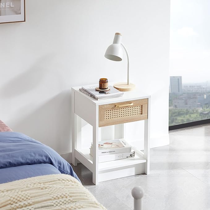 Rattan Nightstand - Wooden Boho End Table with Storage Drawer and Opening Shelf, Bedside Tables Bed Side Table Accent Table for Living Room, Bedroom Small Space