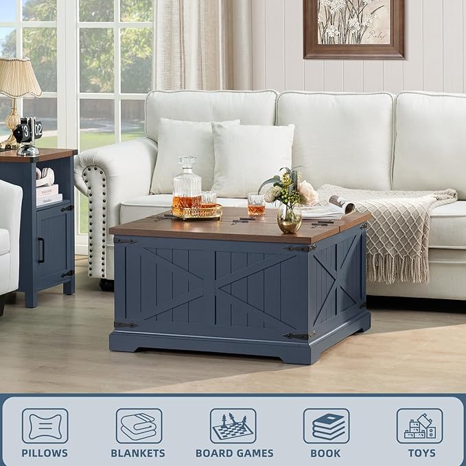 Farmhouse Coffee Table with Large Hidden Storage Compartment, Navy Blue Square Center Table, Wood Rustic Low Modern Living Room Tables with Hinged Lift Brown Top & Wooden Arc Base