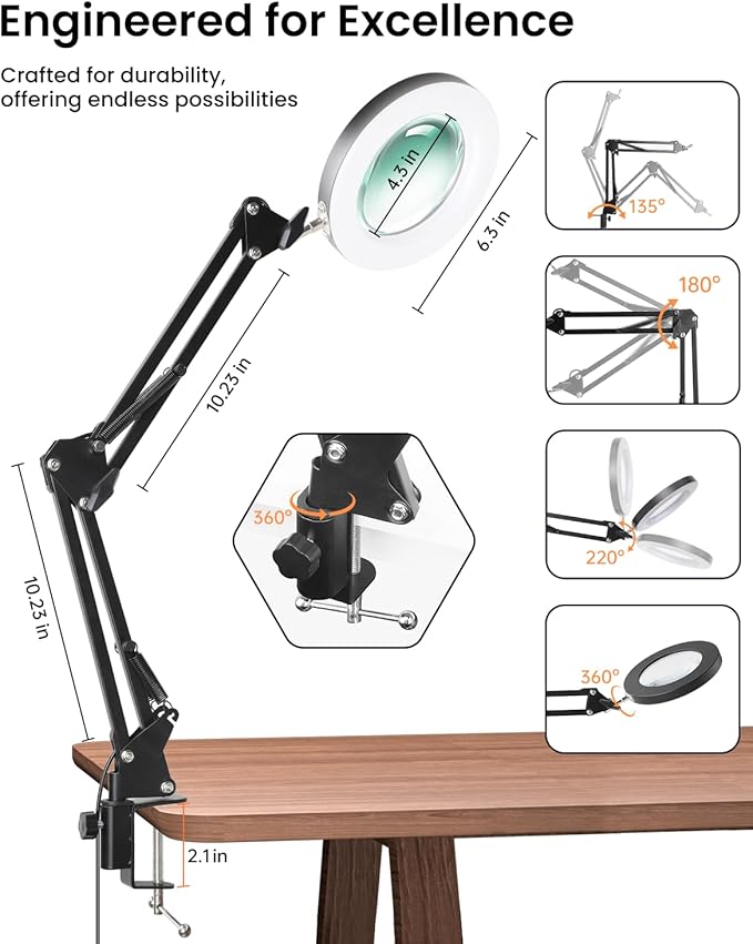 UBeesize 10X Magnifying Glass with Light and Stand, Lighted Magnifying Glasses for Close Work, Reading, Crafts, Jewelry, Sewing, Soldering, Desk Lamp with Clamp with Adjustable Brightness