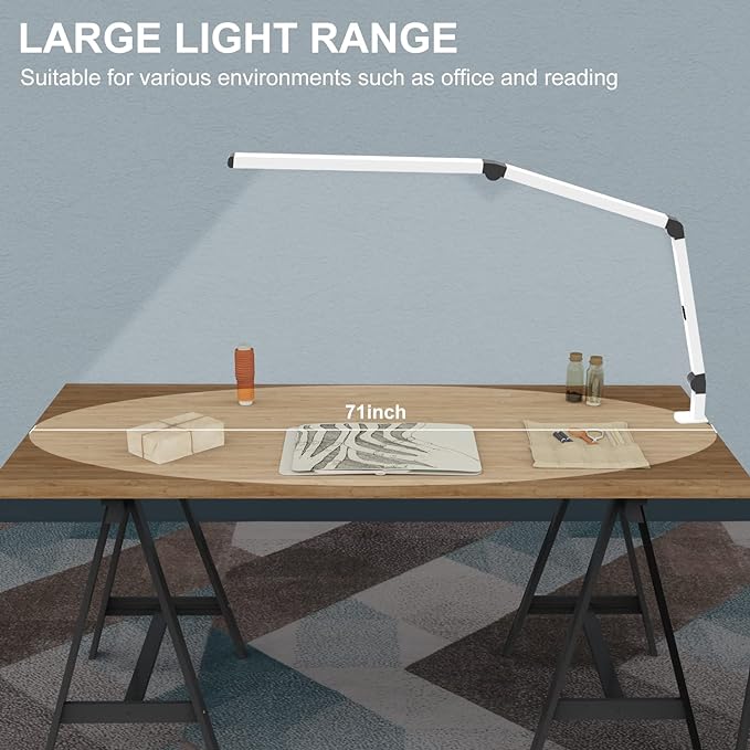 Micomlan LED Desk Lamp with Clamp, Dual Light Table Lamp with Adjustable Swing Arm, Eye-Care 4 CCT Modes & 5 Brightness Levels Clip-on Architect Modern Desk Light for Home Office Crafting Sewing