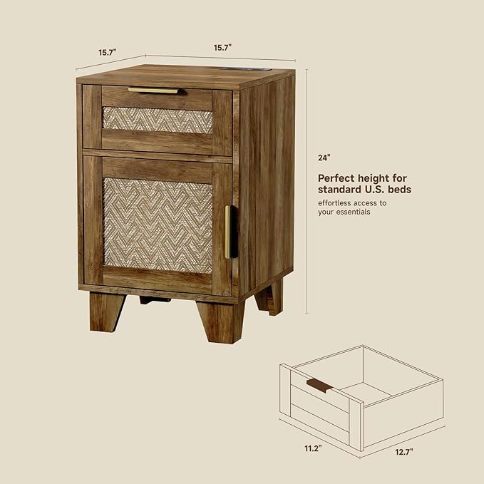 ONBRILL End Table with Storage & Charging Station, Farmhouse Wood Night Stand with Drawers, Adjustable Shelf, Bed Side Tables for Small Space, Living Room, Bedroom, Brown