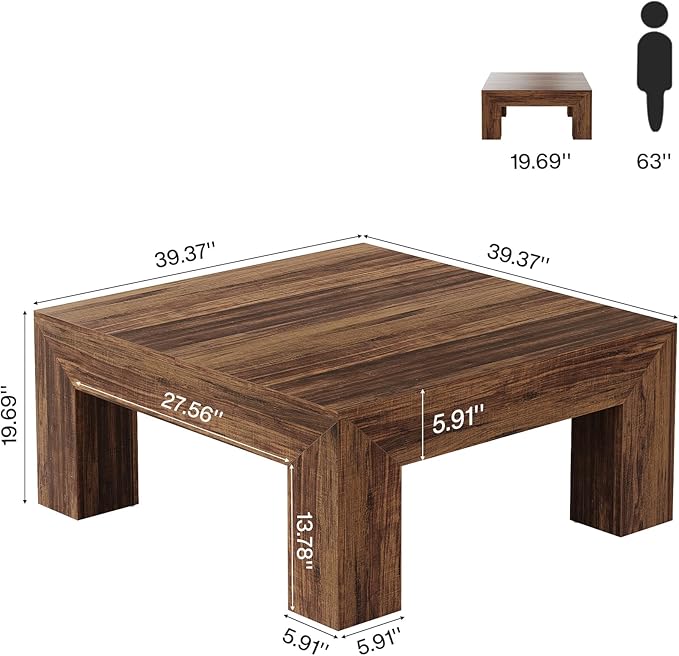 Tribesigns 39.4-Inch Square Coffee Table for Living Room, Farmhouse All MDF Center Cocktail Tea Table with Sturdy Wooden Legs, Easy Assembly, Dark Brown