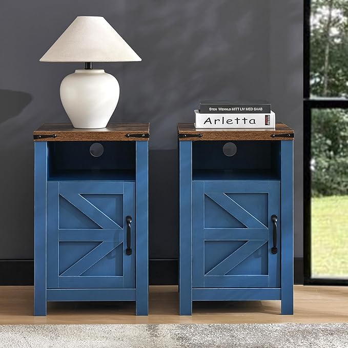 Navy Blue Farmhouse Nightstand Set of 2, Rustic End Table with Barn Door and Shelf, Bedside Table with Charging Station for Living Room, Bedroom