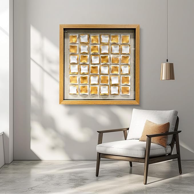 BrightA Gold and White Geometric Wall Sculpture Reflective 3D Textured Panels Brushed Metal Texture with Wave Modern Framed Abstract Art for Bedroom Office Decor 23.6"x23.6"