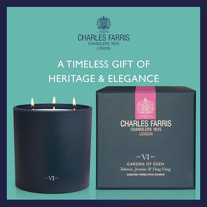 Charles Farris Luxury Scented Candle – 3 Wick, Hand-Poured, Long Lasting, Clean Burning, 640g / 22.5oz, Up to 80 Hours of Burn Time, Made in England – Tuberose, Jasmine & Ylang Ylang – Garden of Eden