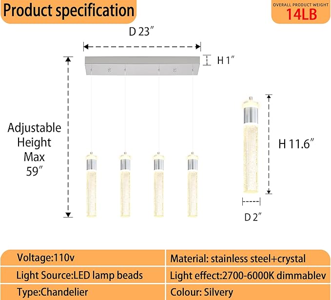 Dimmable Chrome 4-Light Pendant Lights Kitchen Island Modern LED Crystal Ceiling Light for Dinning Room Living Room 32W